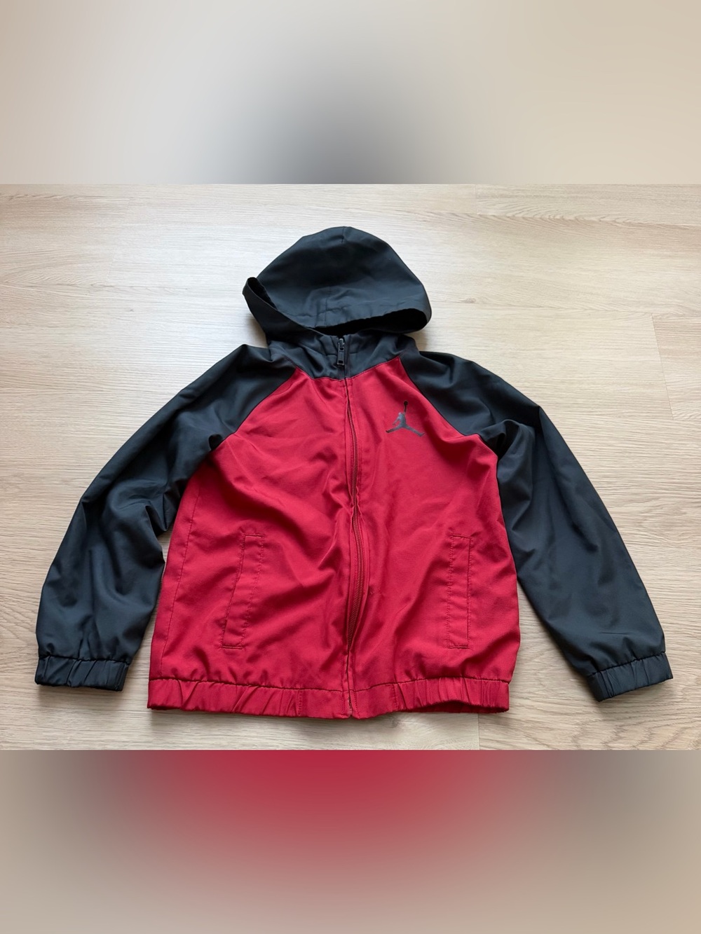 Jordan Jacket Boys Size 7 Red Black Hooded Fleece Lined Windbreaker Full Zip